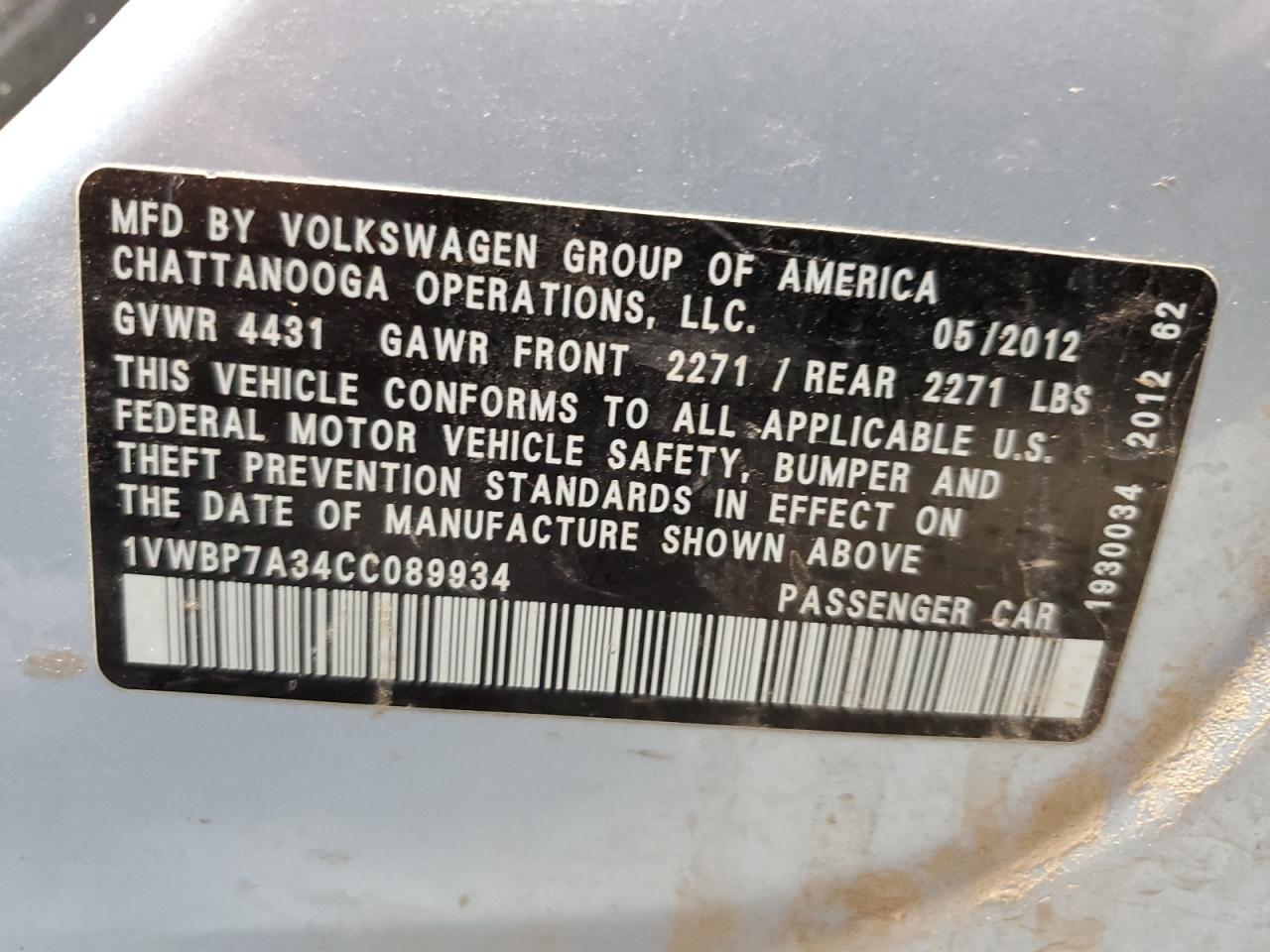 1VWBP7A34CC089934 2012 Volkswagen Passat Se