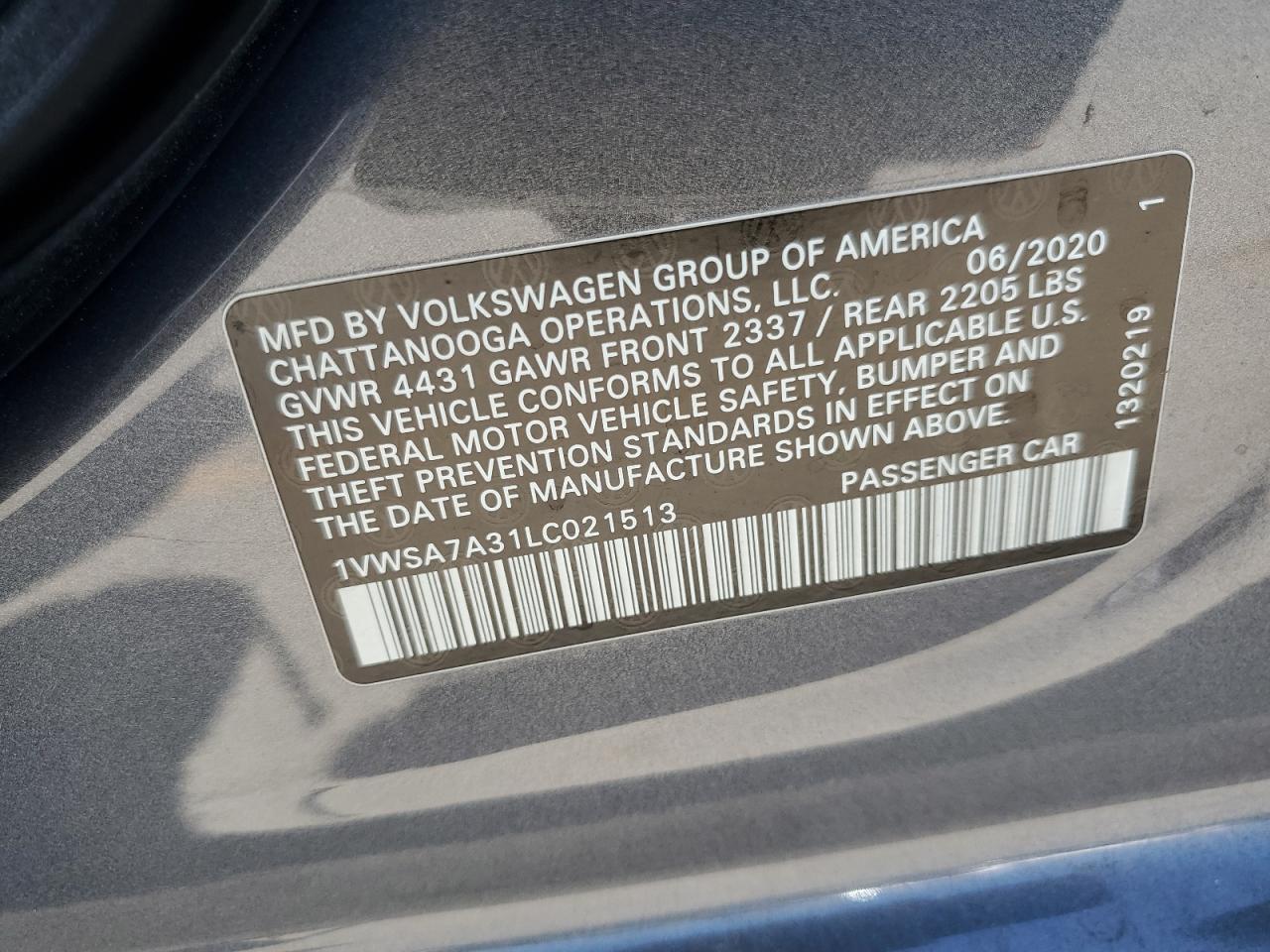 1VWSA7A31LC021513 2020 Volkswagen Passat Se