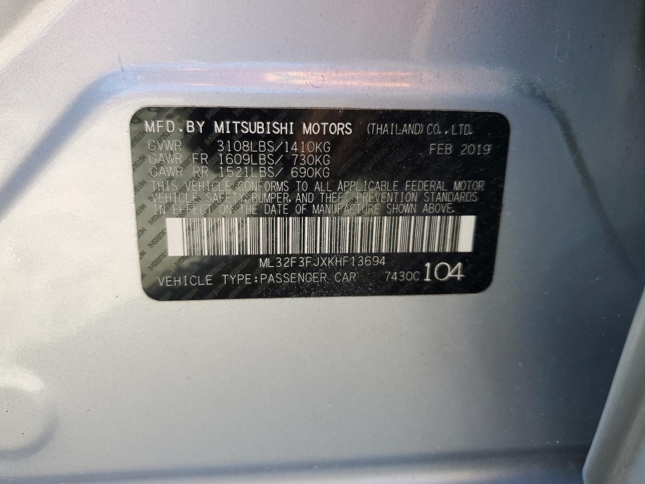 ML32F3FJXKHF13694 2019 Mitsubishi Mirage G4 Es