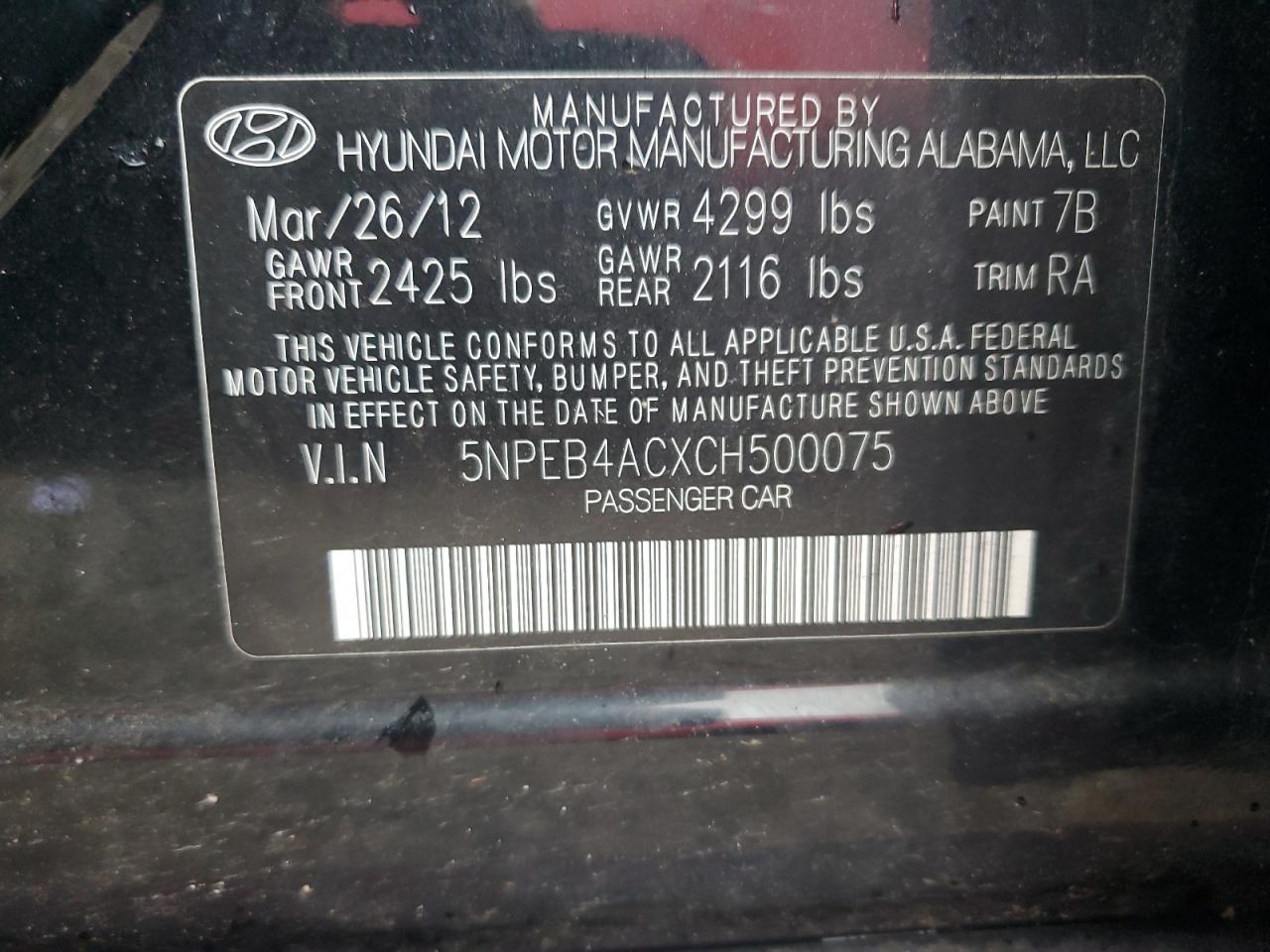 5NPEB4ACXCH500075 2012 Hyundai Sonata Gls