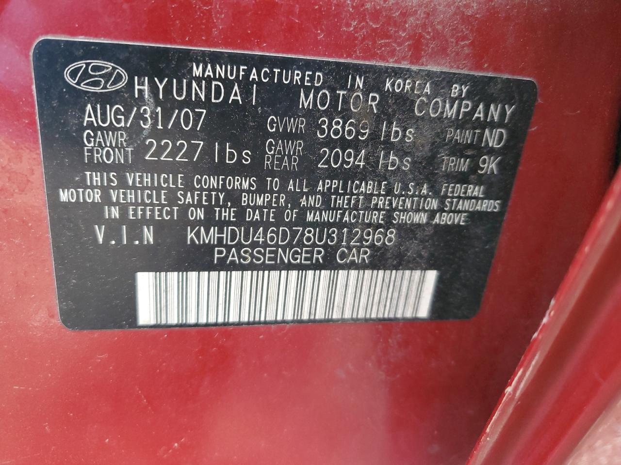 KMHDU46D78U312968 2008 Hyundai Elantra Gls