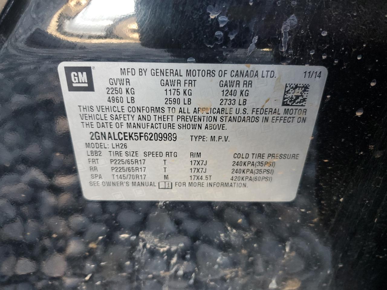 2GNALCEK5F6209989 2015 Chevrolet Equinox Lt