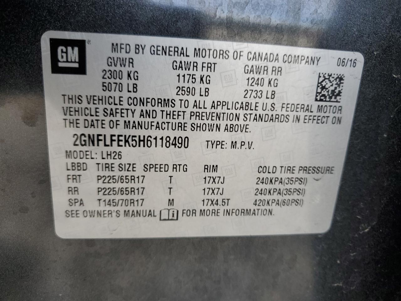 2GNFLFEK5H6118490 2017 Chevrolet Equinox Lt