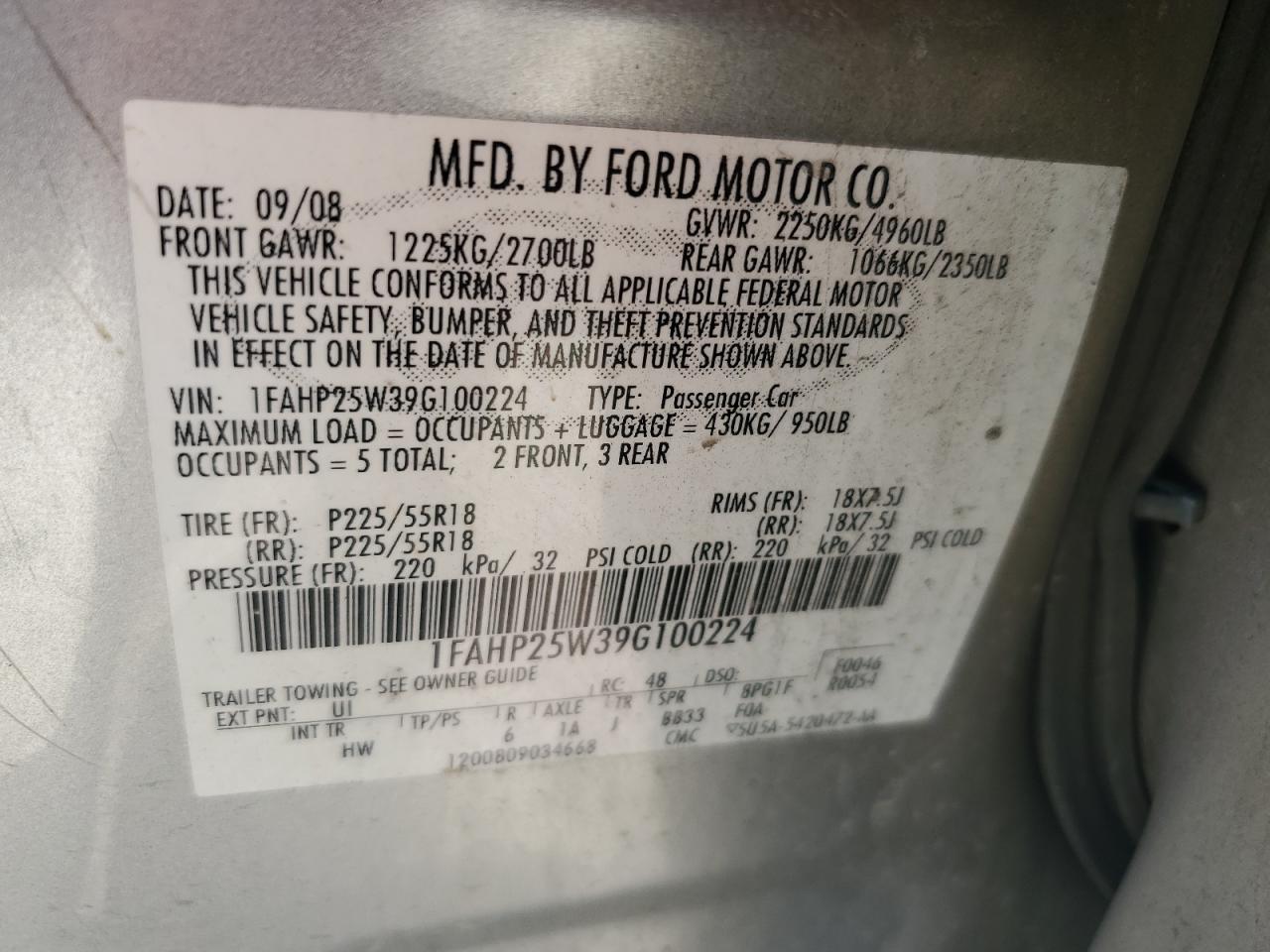 1FAHP25W39G100224 2009 Ford Taurus Limited