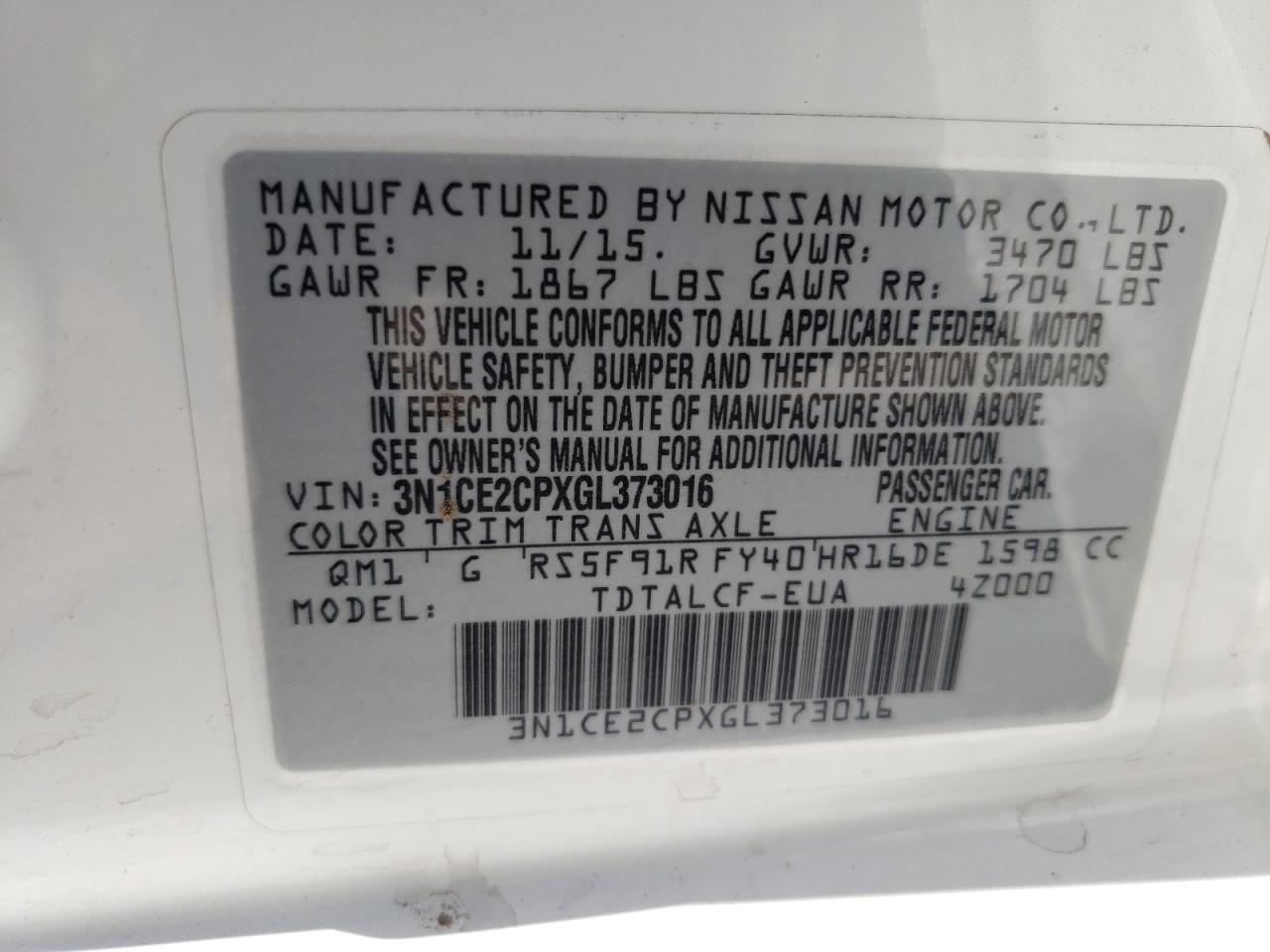 3N1CE2CPXGL373016 2016 Nissan Versa Note S