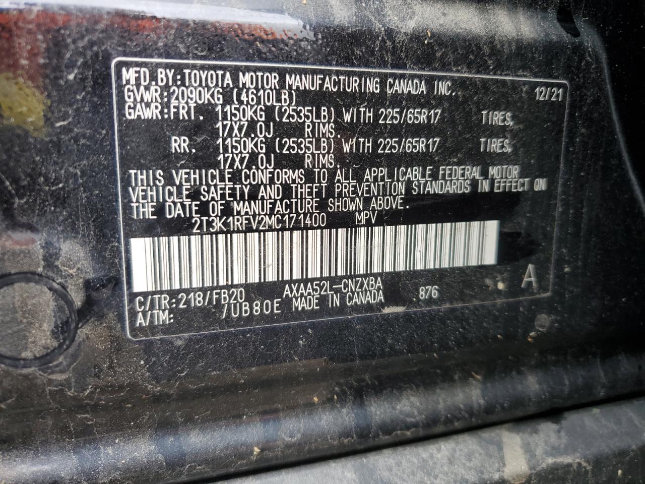 2T3K1RFV2MC171400 2021 Toyota Rav4 Le