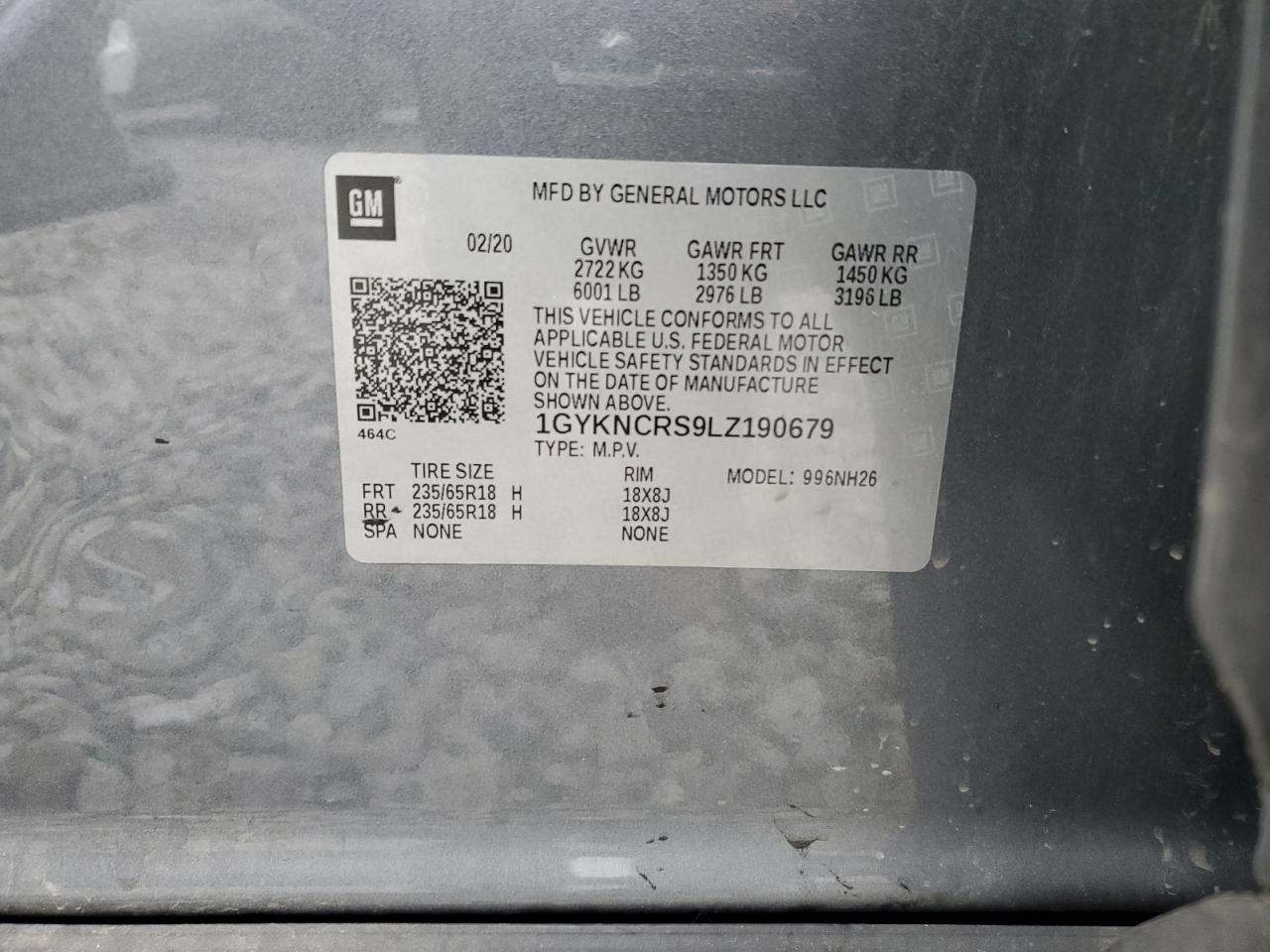 1GYKNCRS9LZ190679 2020 Cadillac Xt5 Premium Luxury