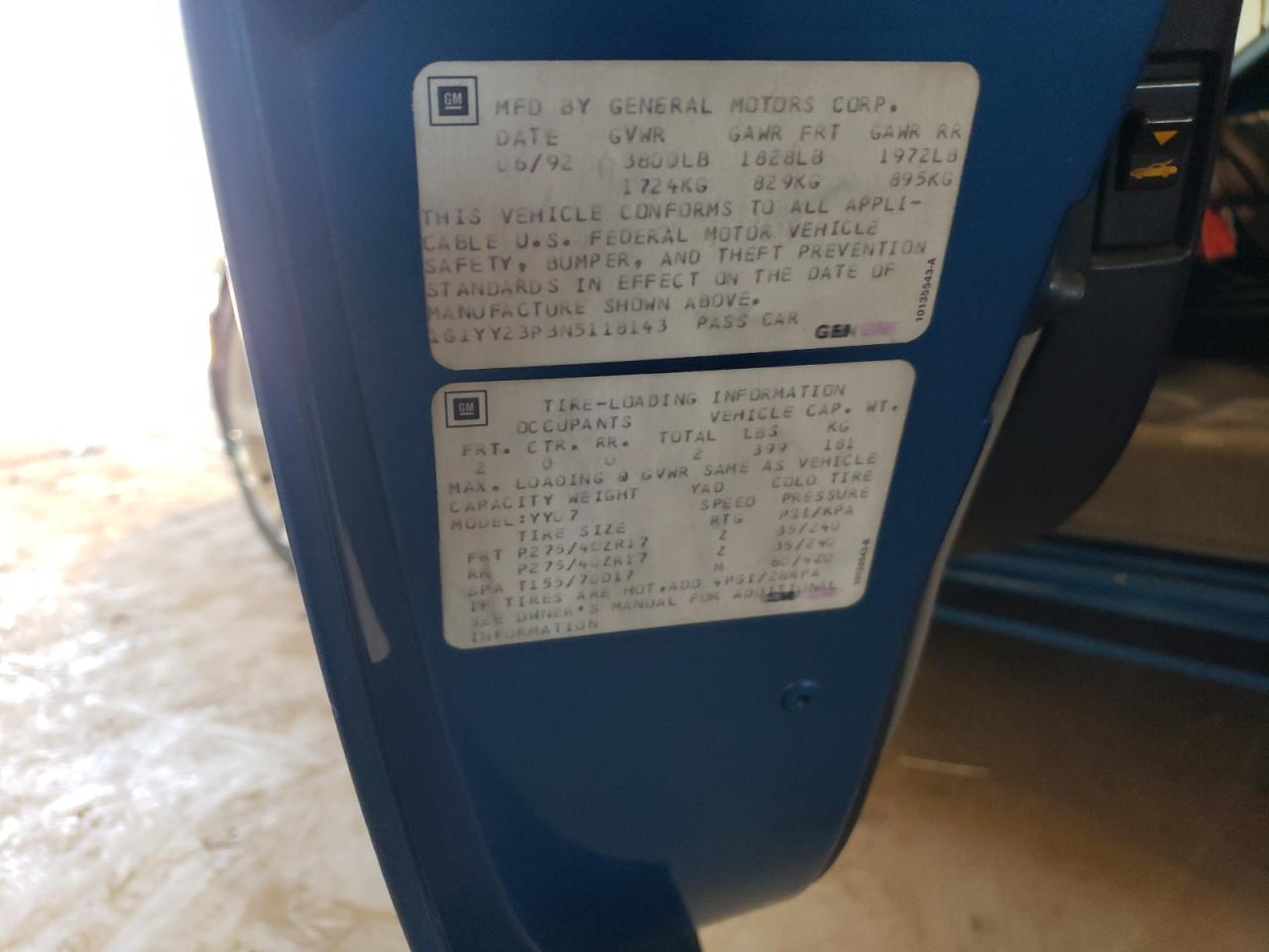 1G1YY23P3N5118143 1992 Chevrolet Corvette