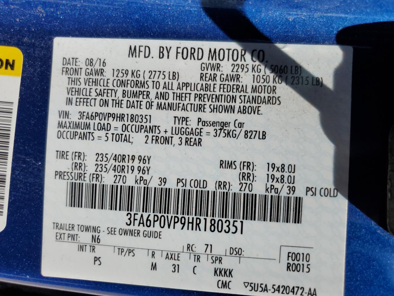 3FA6P0VP9HR180351 2017 Ford Fusion Sport