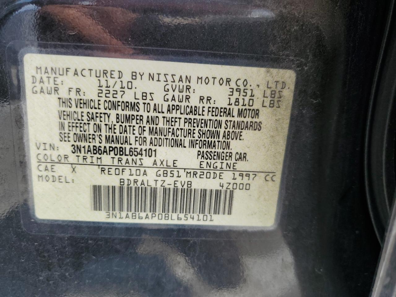 3N1AB6AP0BL654101 2011 Nissan Sentra 2.0
