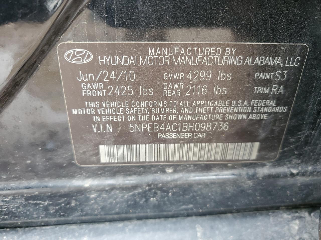 5NPEB4AC1BH098736 2011 Hyundai Sonata Gls