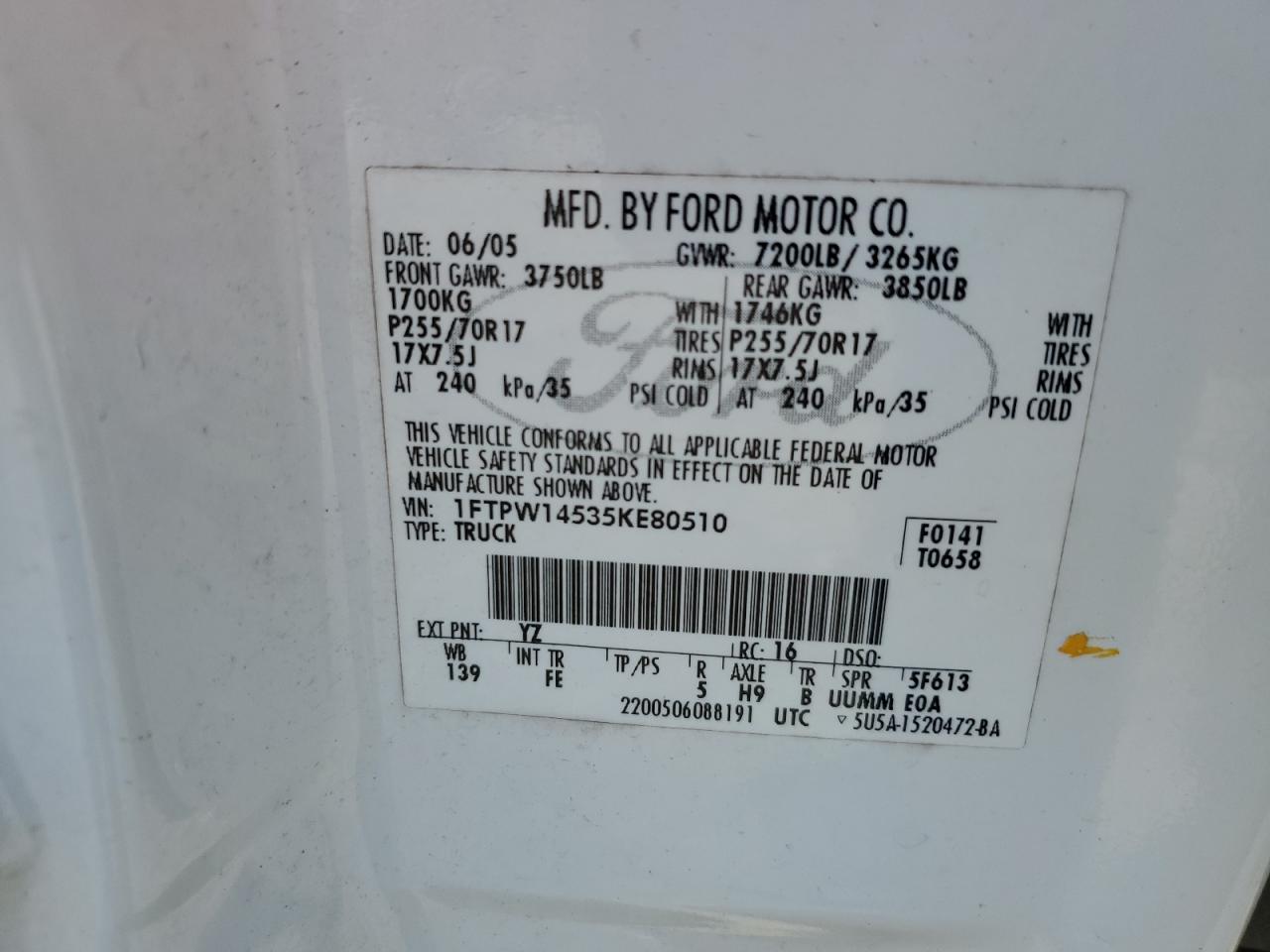 1FTPW14535KE80510 2005 Ford F150 Supercrew