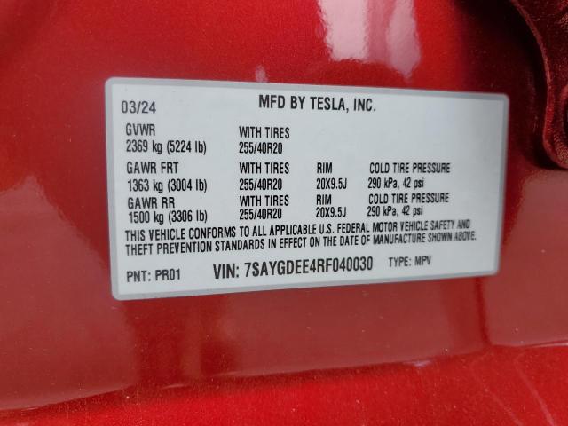 2024 Tesla Model Y VIN: 7SAYGDEE4RF040030 Lot: 54144404