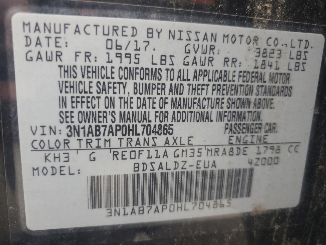 3N1AB7AP0HL704865 2017 Nissan Sentra S