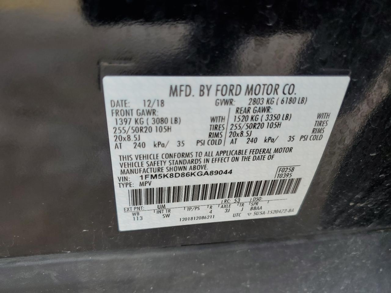 1FM5K8D86KGA89044 2019 Ford Explorer Xlt