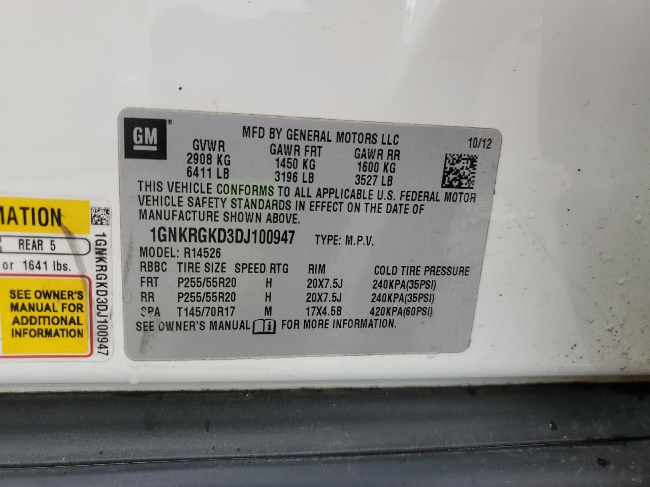 1GNKRGKD3DJ100947 2013 Chevrolet Traverse Lt