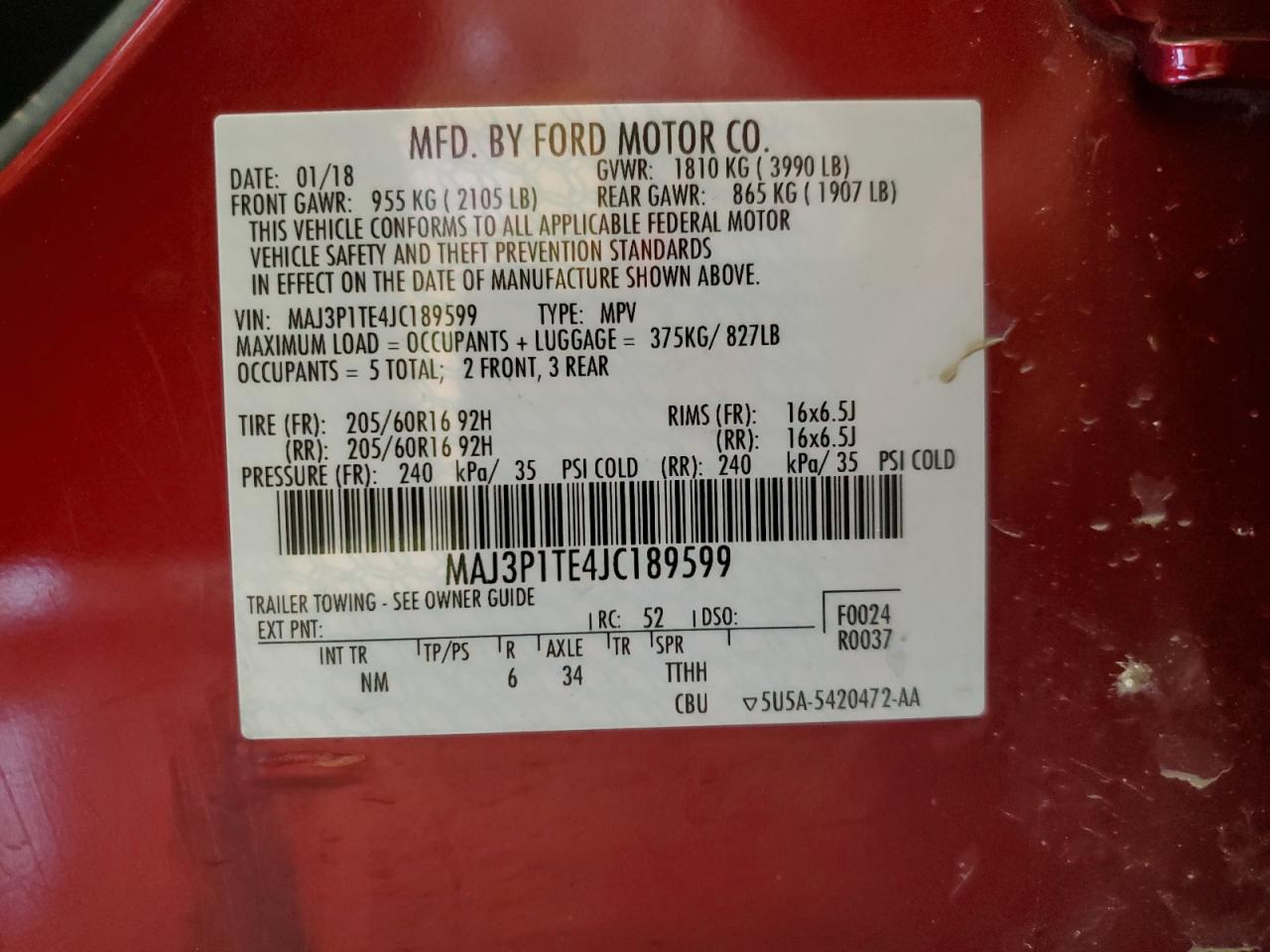 maj3p1te4jc189599 MAJ3P1TE4JC189599 2018 Ford Ecosport Se