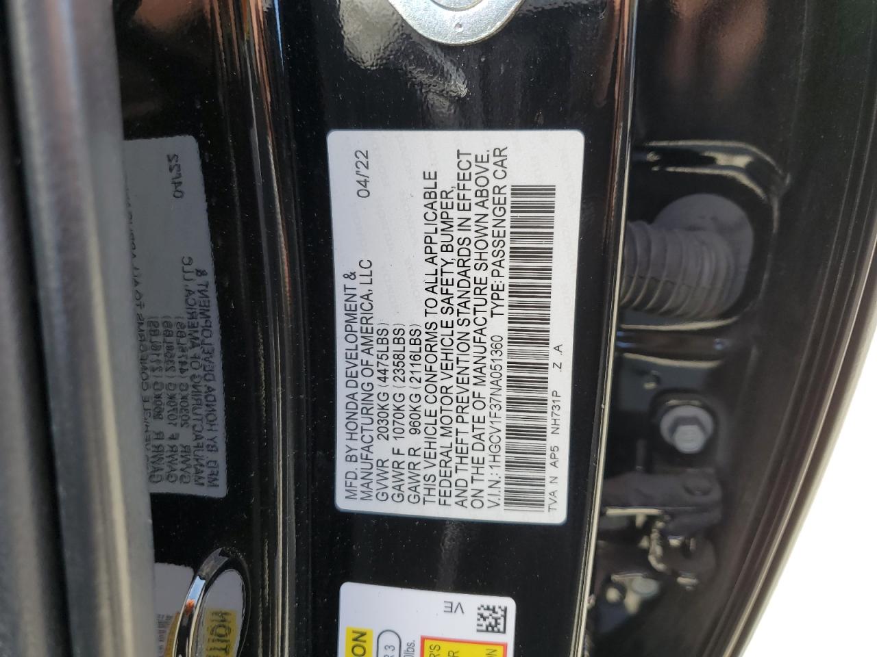 1HGCV1F37NA051360 2022 Honda Accord Sport