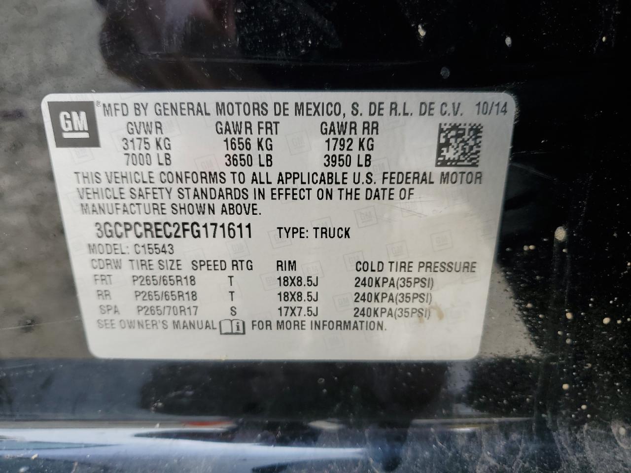 3GCPCREC2FG171611 2015 Chevrolet Silverado C1500 Lt