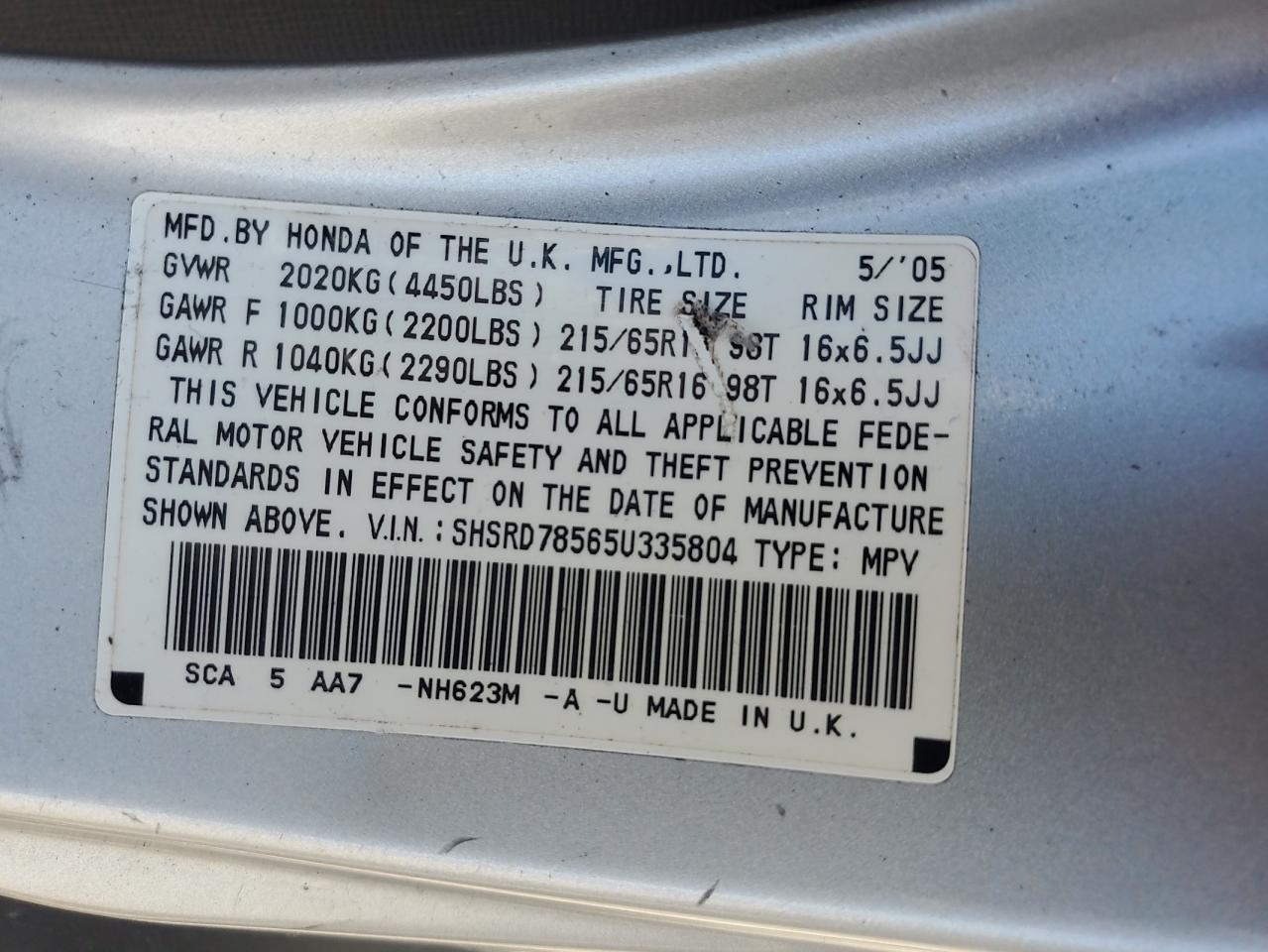 SHSRD78565U335804 2005 Honda Cr-V Lx