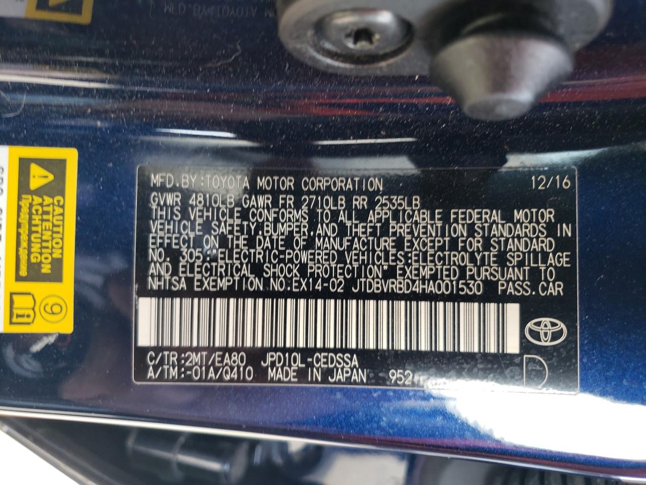 JTDBVRBD4HA001530 2017 Toyota Mirai