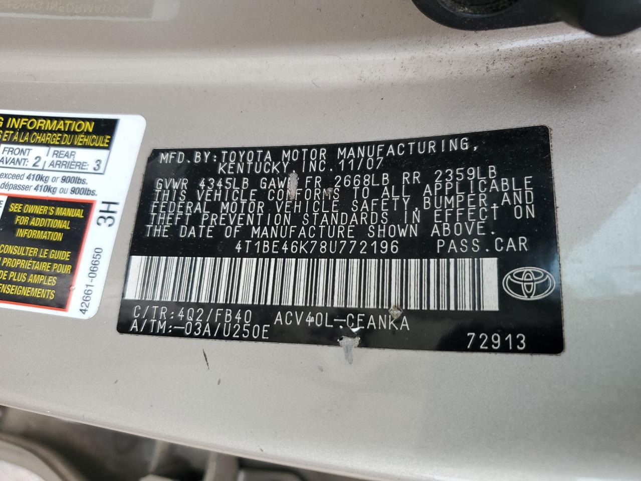 4T1BE46K78U772196 2008 Toyota Camry Ce