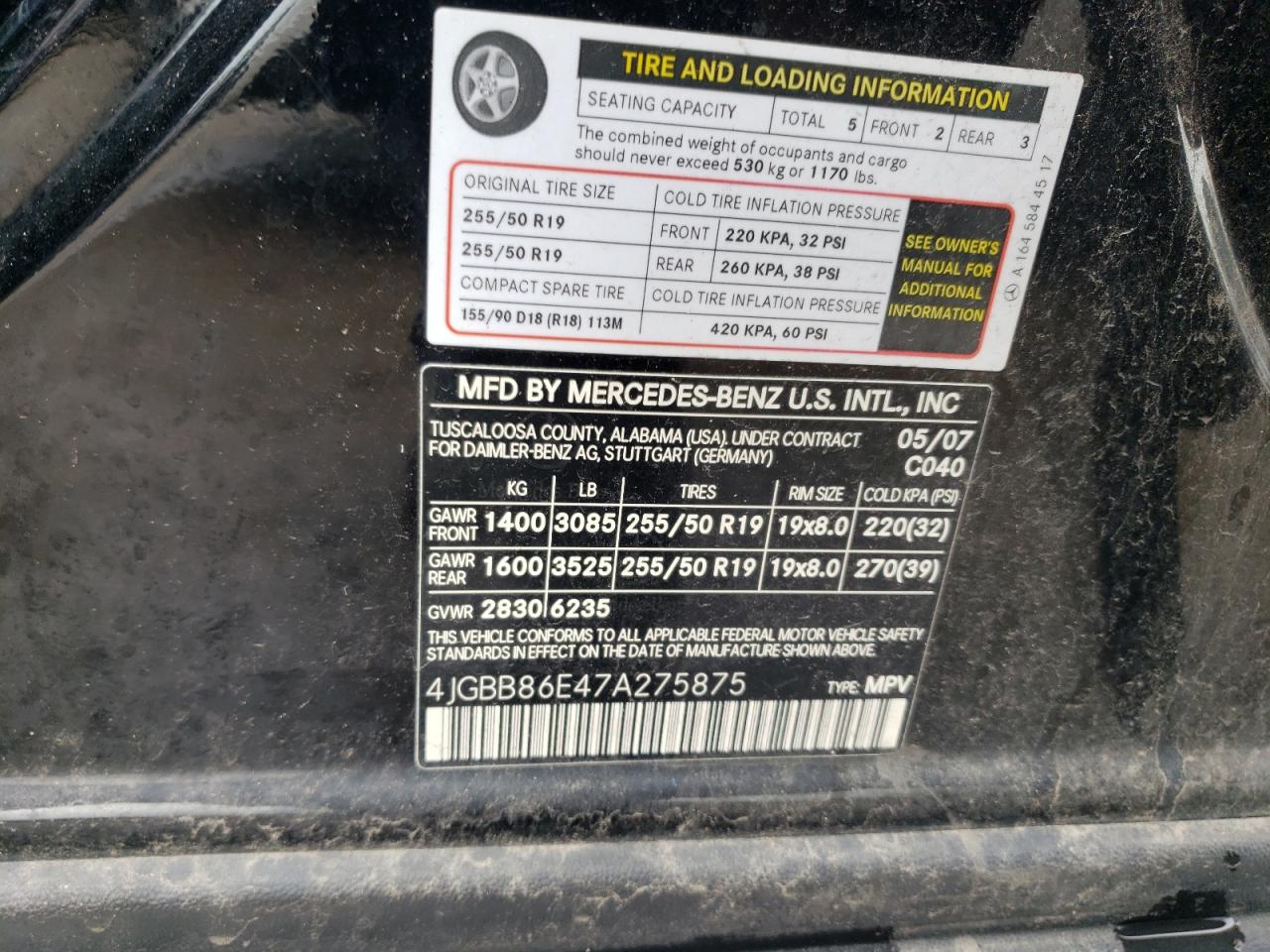 4JGBB86E47A275875 2007 Mercedes-Benz Ml 350