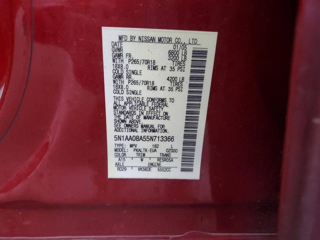 5N1AA08A55N713366 2005 Nissan Armada Se