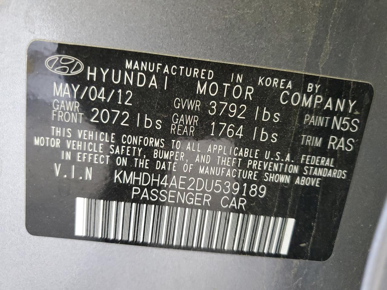 KMHDH4AE2DU539189 2013 Hyundai Elantra Gls