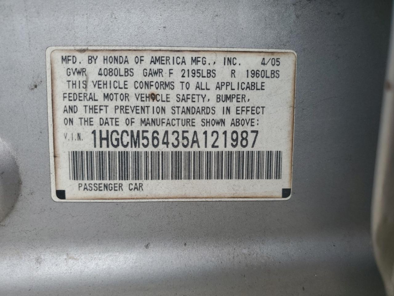 1HGCM56435A121987 2005 Honda Accord Lx