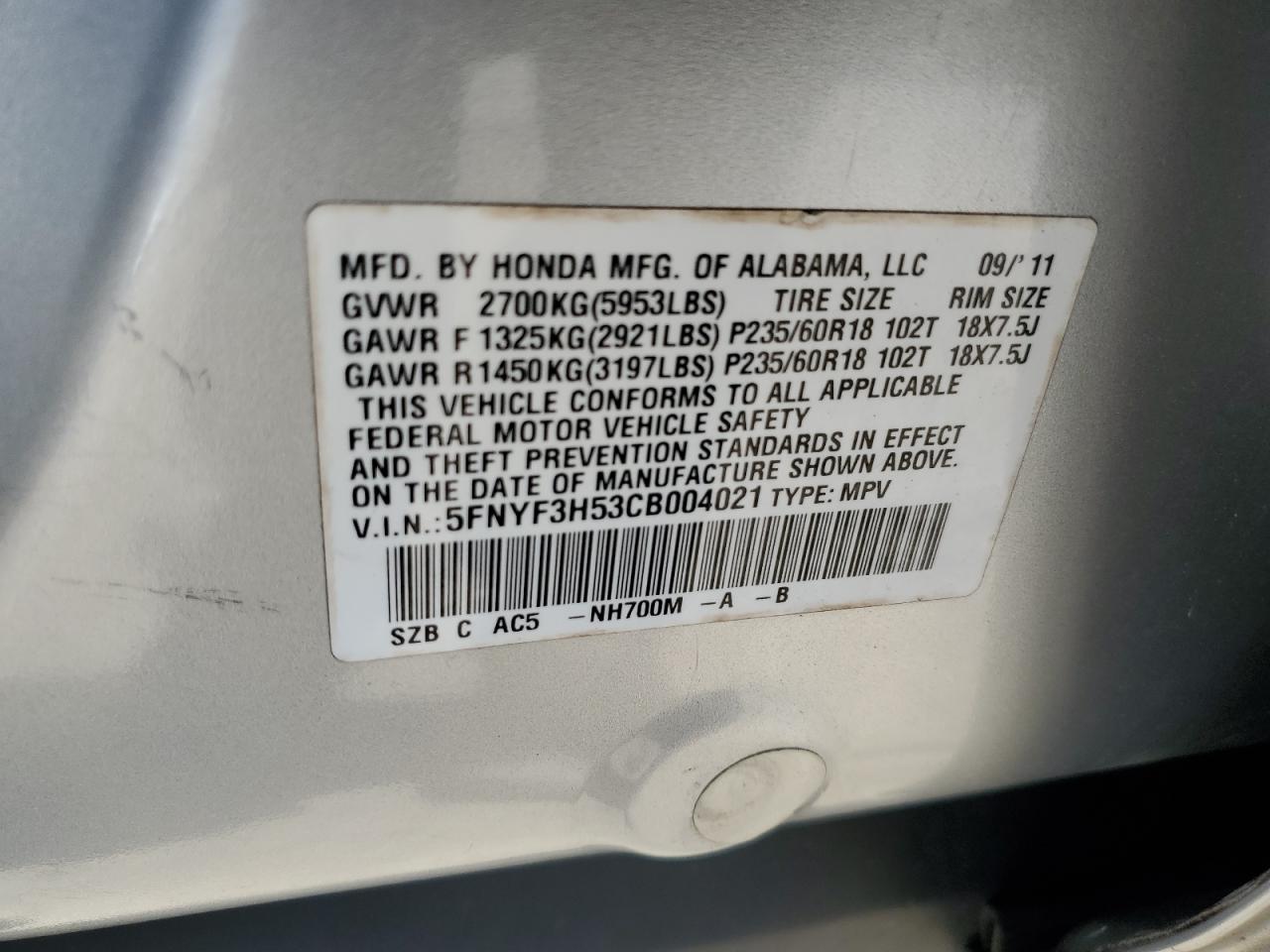 5FNYF3H53CB004021 2012 Honda Pilot Exl