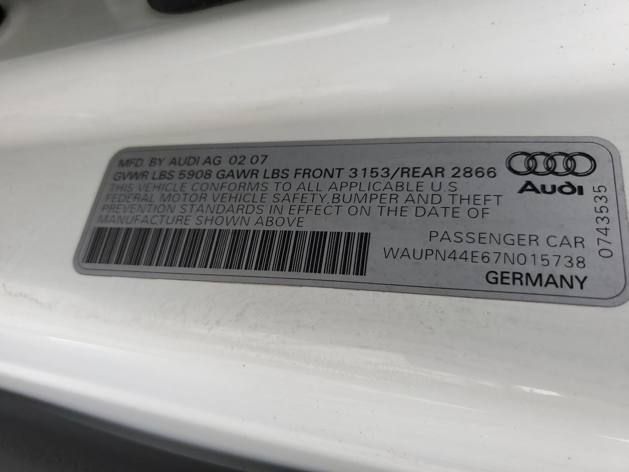 WAUPN44E67N015738 2007 Audi S8 Quattro