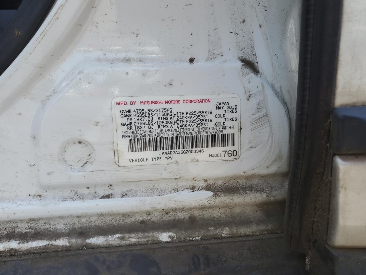 JA4AD2A35GZ000346 2016 Mitsubishi Outlander Es