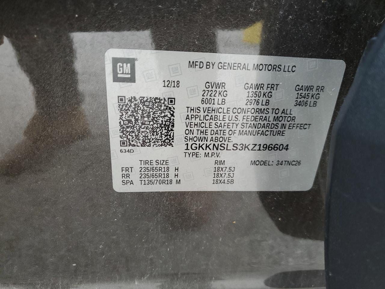 1GKKNSLS3KZ196604 2019 GMC Acadia Sle