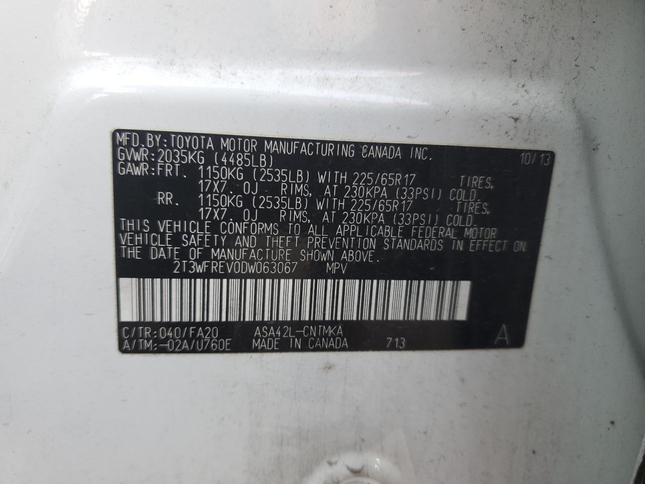 2T3WFREV0DW063067 2013 Toyota Rav4 Xle