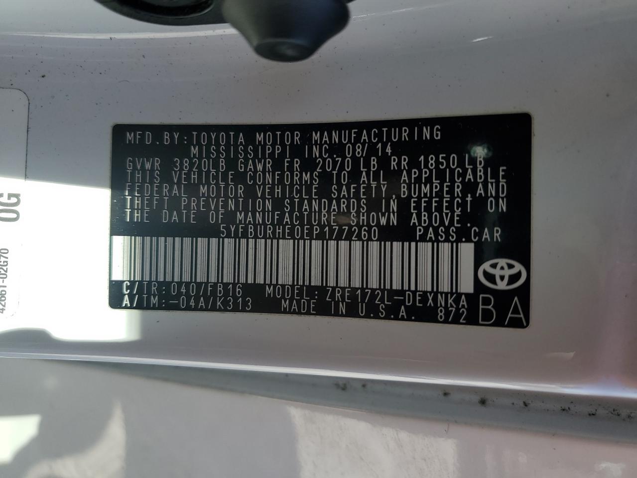 2014 Toyota Corolla L vin: 5YFBURHE0EP177260