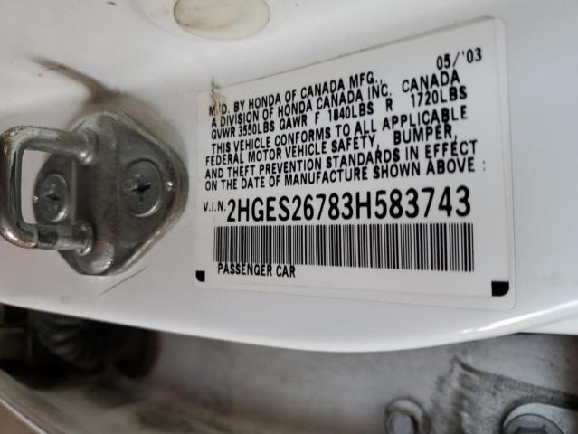 2003 Honda Civic Ex VIN: 2HGES26783H583743 Lot: 56523344