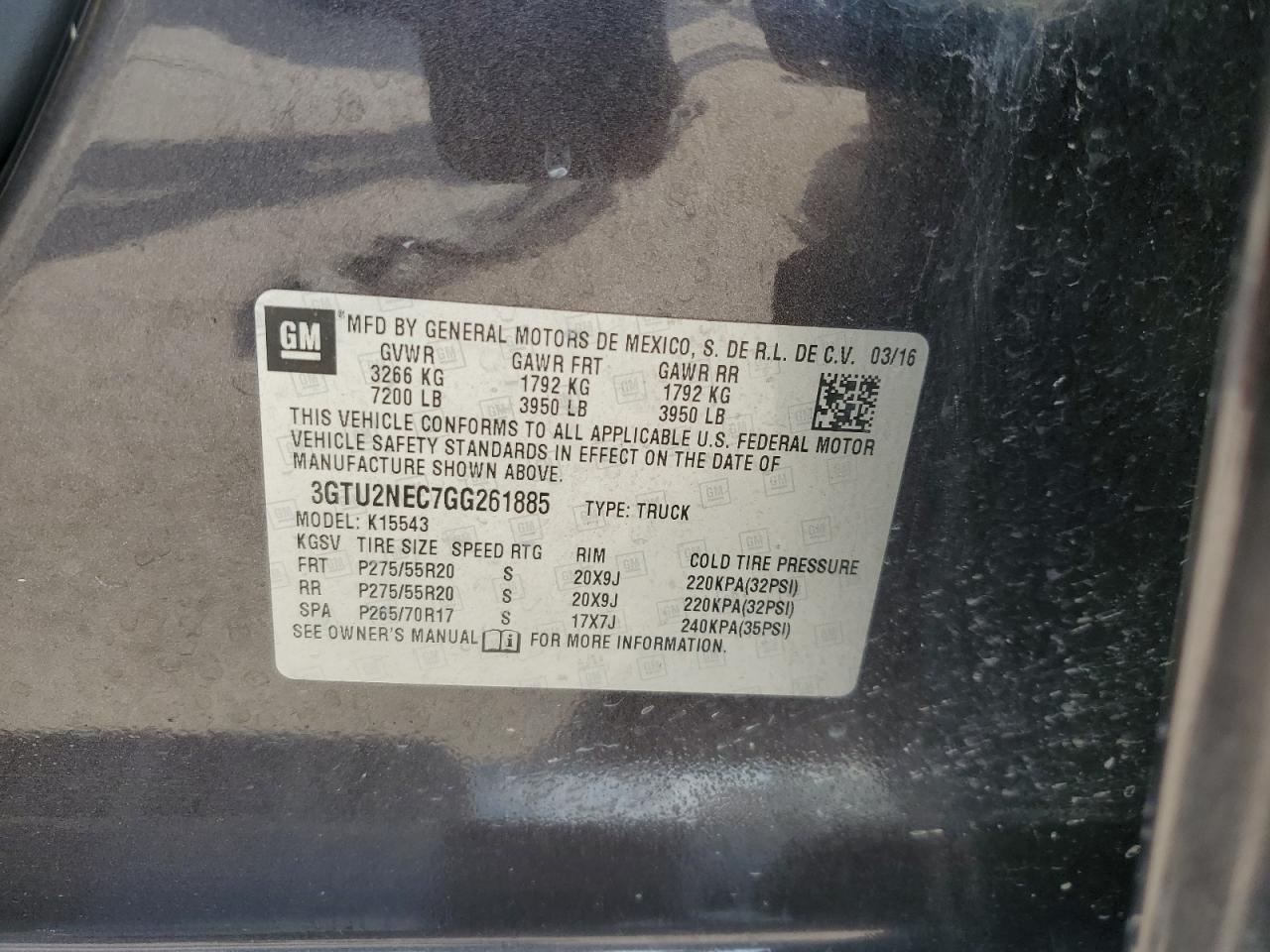 3GTU2NEC7GG261885 2016 GMC Sierra K1500 Slt