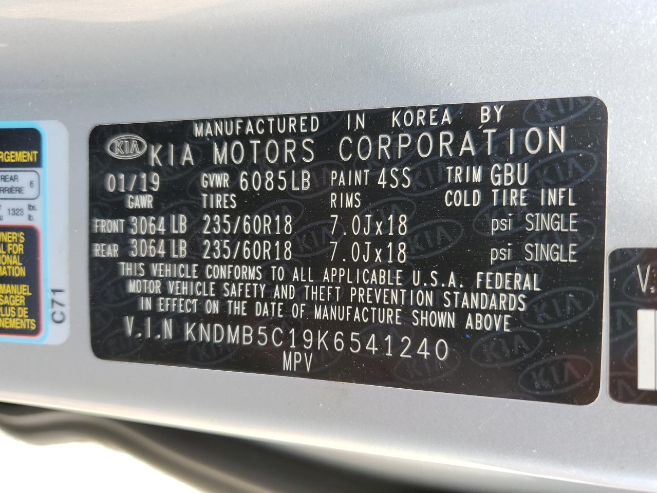 KNDMB5C19K6541240 2019 Kia Sedona Lx