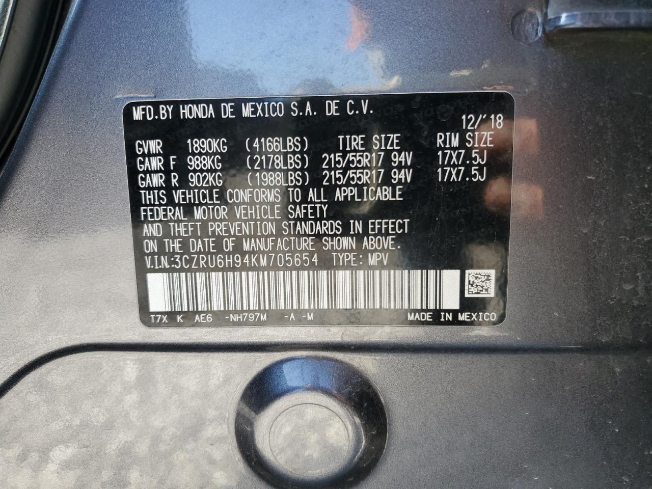 3CZRU6H94KM705654 2019 Honda Hr-V Touring