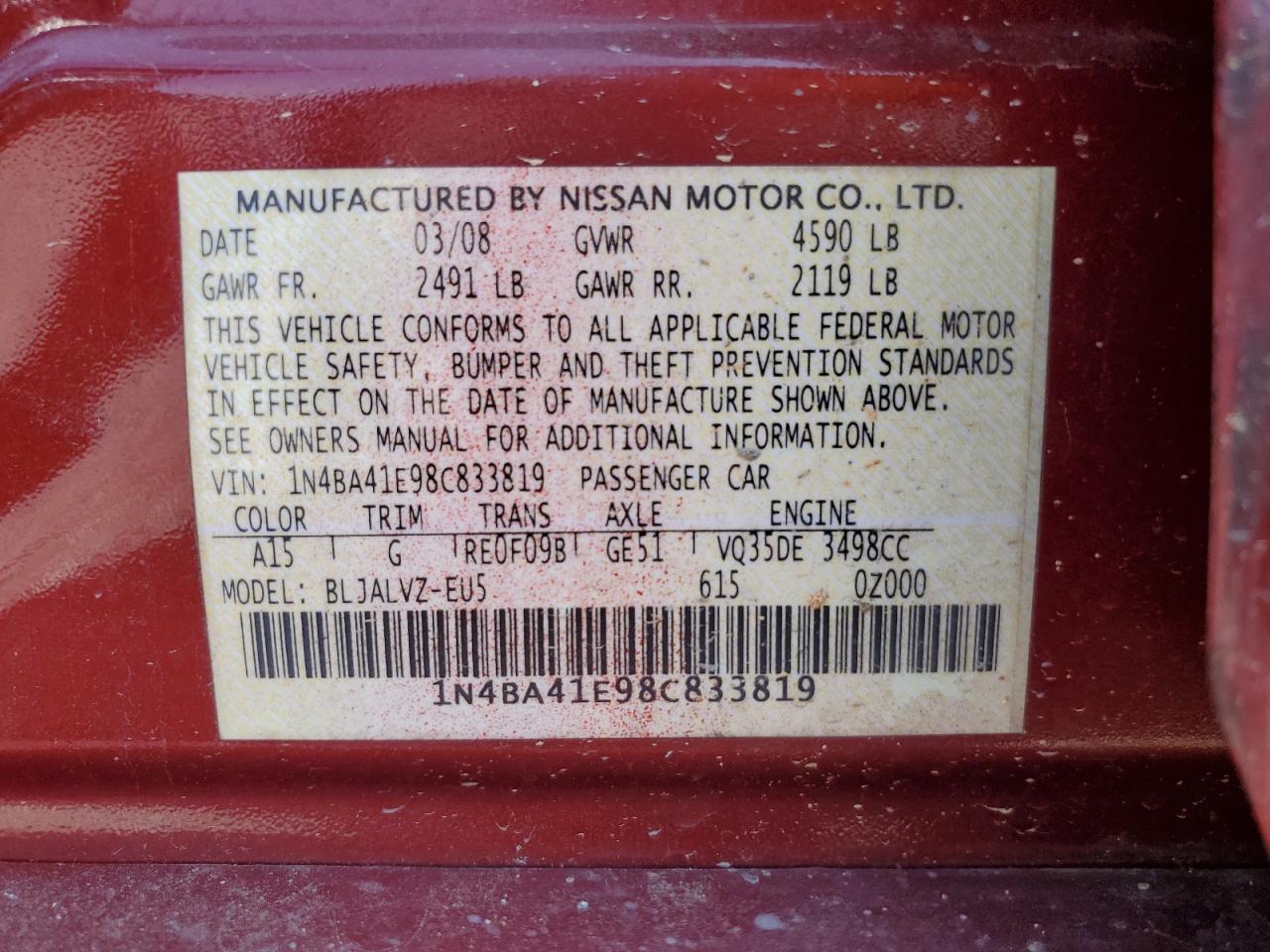 1N4BA41E98C833819 2008 Nissan Maxima Se