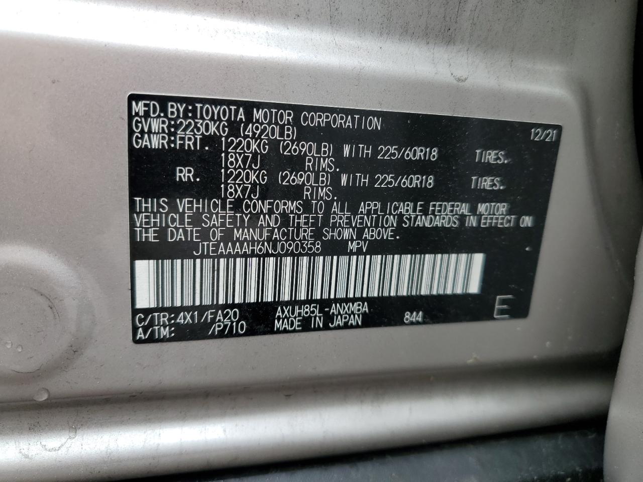 JTEAAAAH6NJ090358 2022 Toyota Venza Le