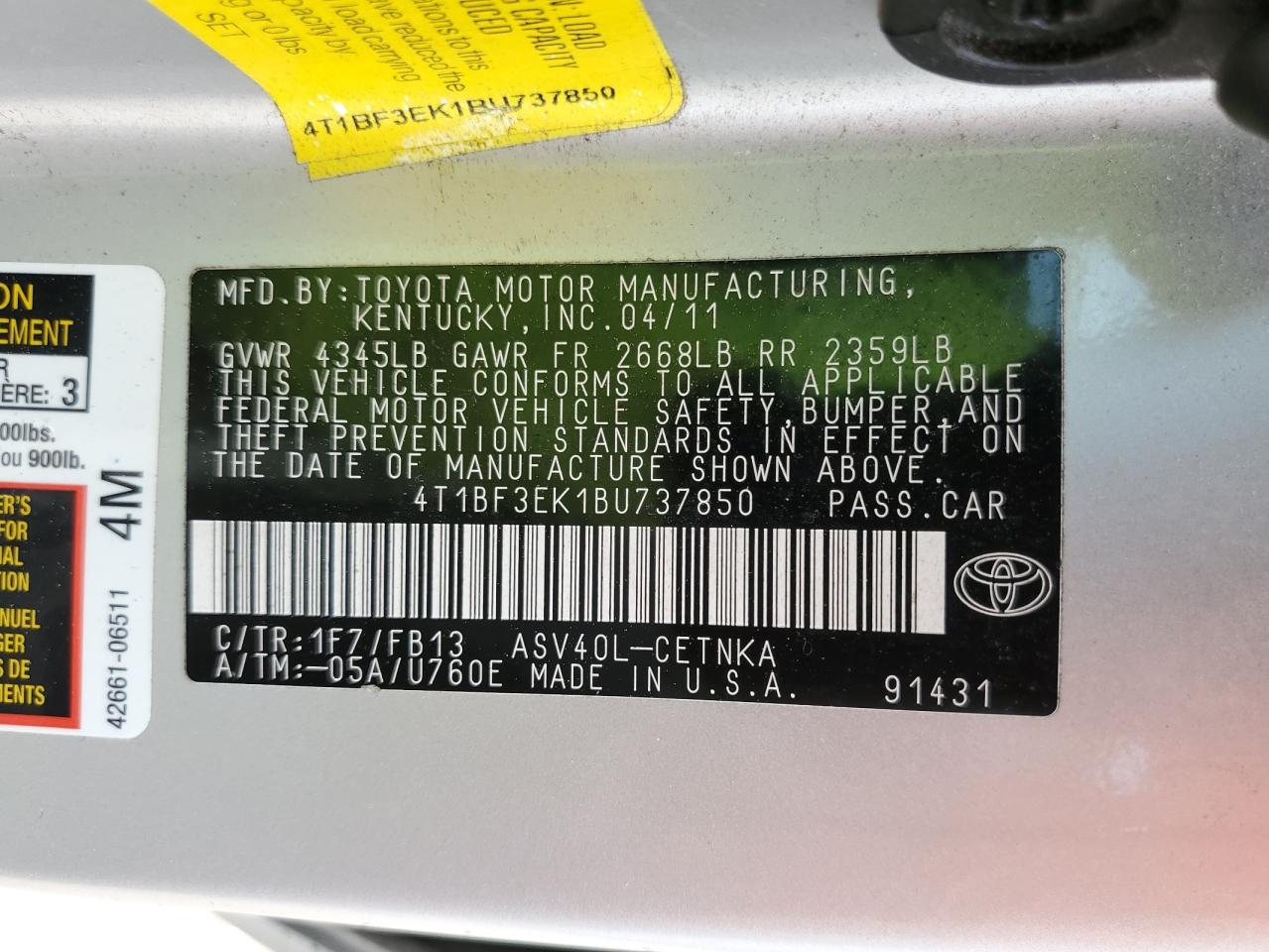 4T1BF3EK1BU737850 2011 Toyota Camry Base