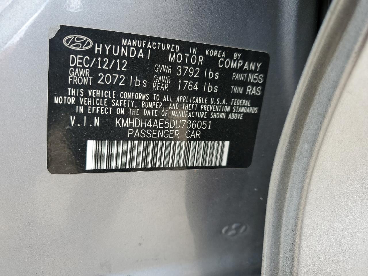 KMHDH4AE5DU736051 2013 Hyundai Elantra Gls