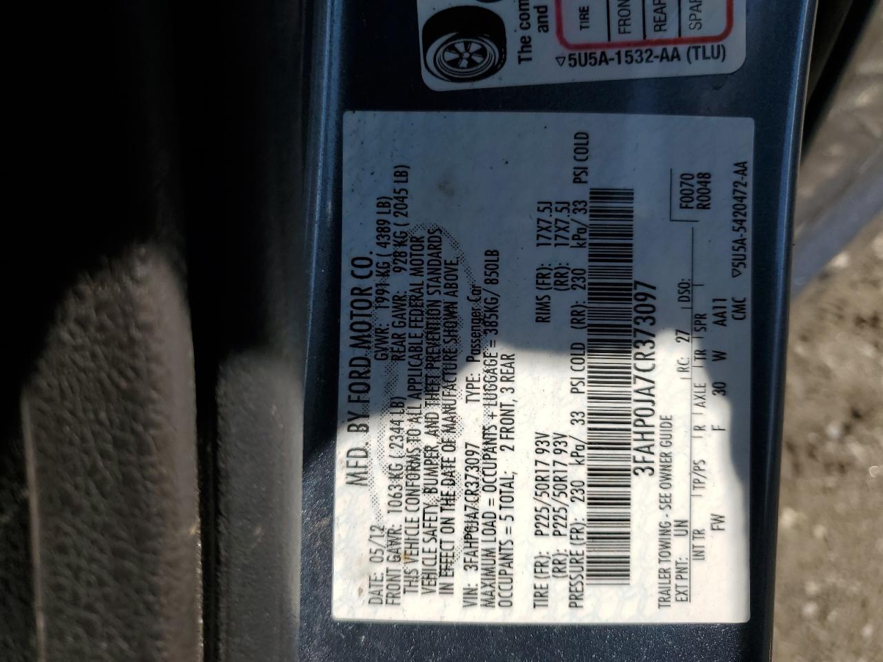 3FAHP0JA7CR373097 2012 Ford Fusion Sel