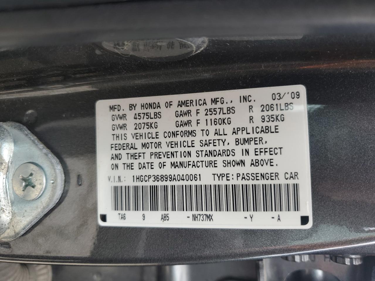 1HGCP36899A040061 2009 Honda Accord Exl