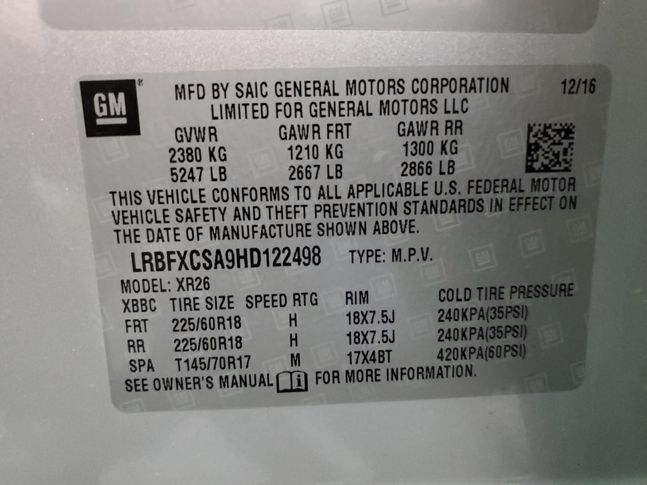 LRBFXCSA9HD122498 2017 Buick Envision Preferred