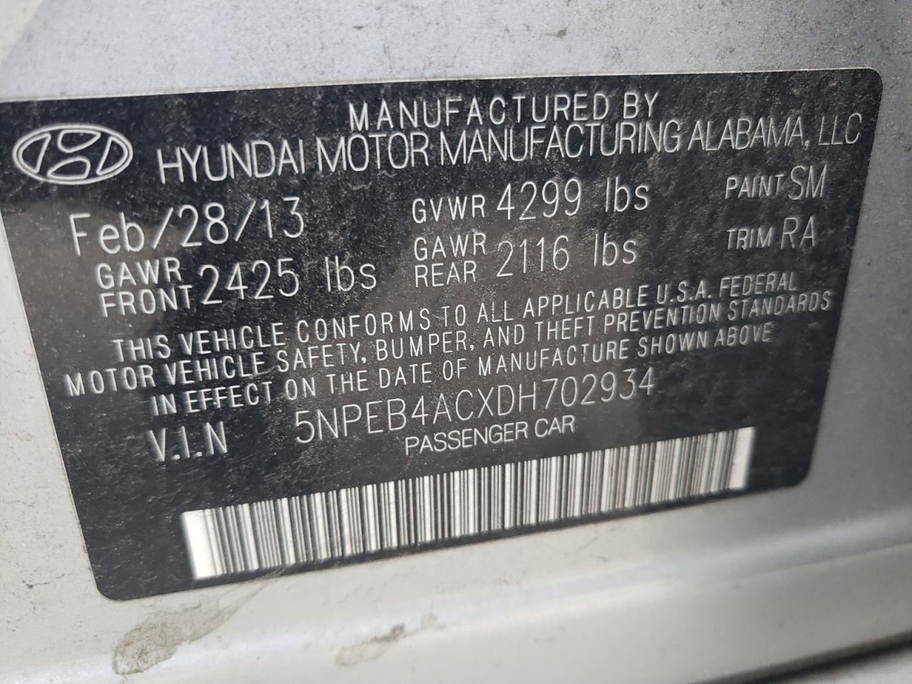 5NPEB4ACXDH702934 2013 Hyundai Sonata Gls