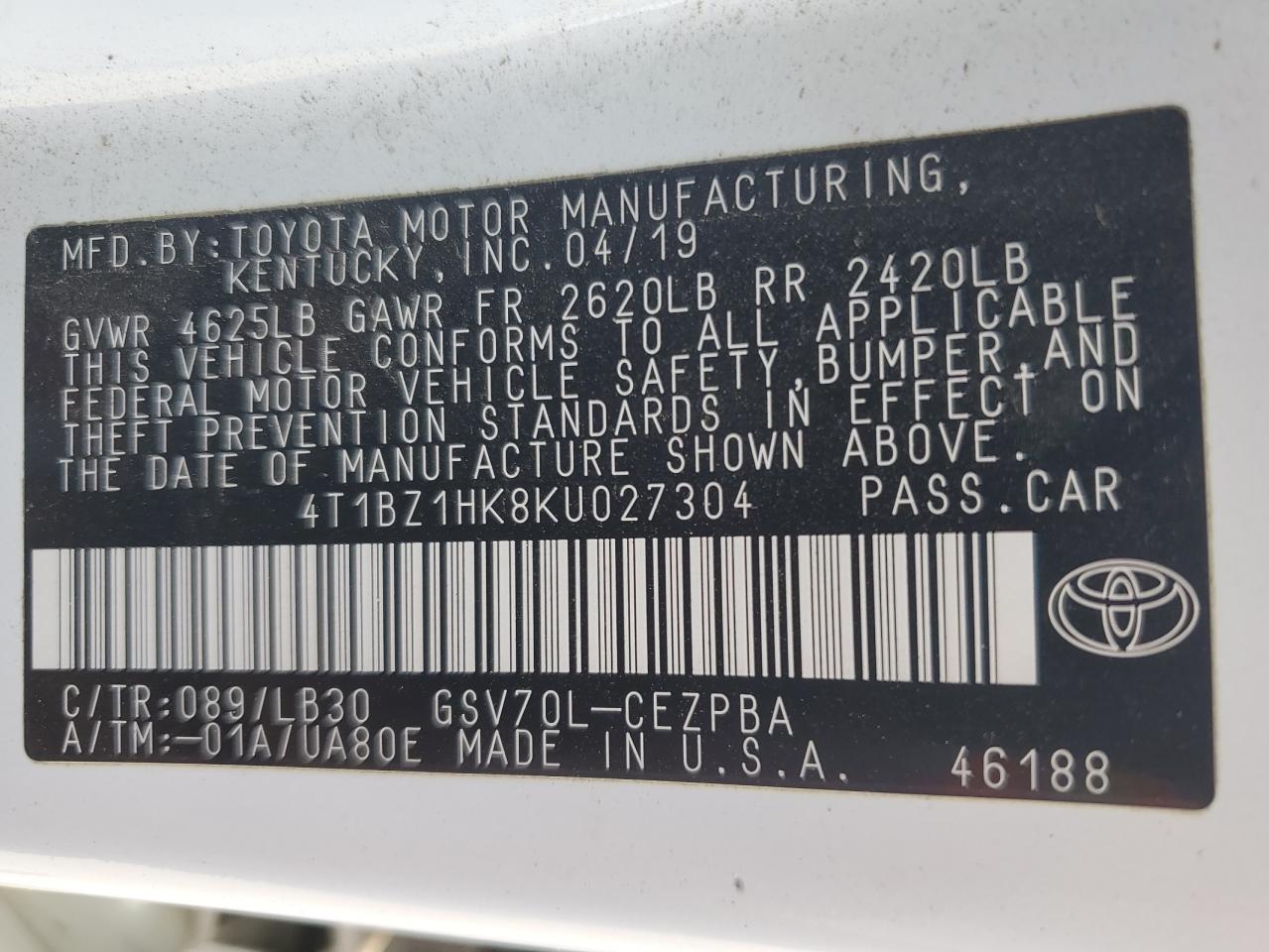 4T1BZ1HK8KU027304 2019 Toyota Camry Xse