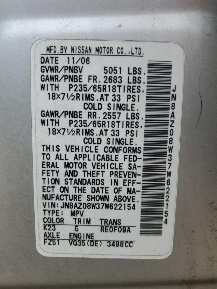 JN8AZ08W37W622154 2007 Nissan Murano Sl